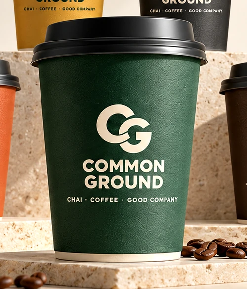 Close-up photograph of a textured Common Ground takeaway cup